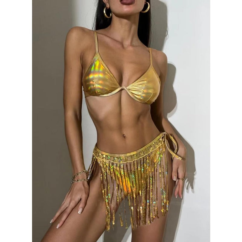 Wholesale Three-point Sequined Fringe Skirt Swimsuit
